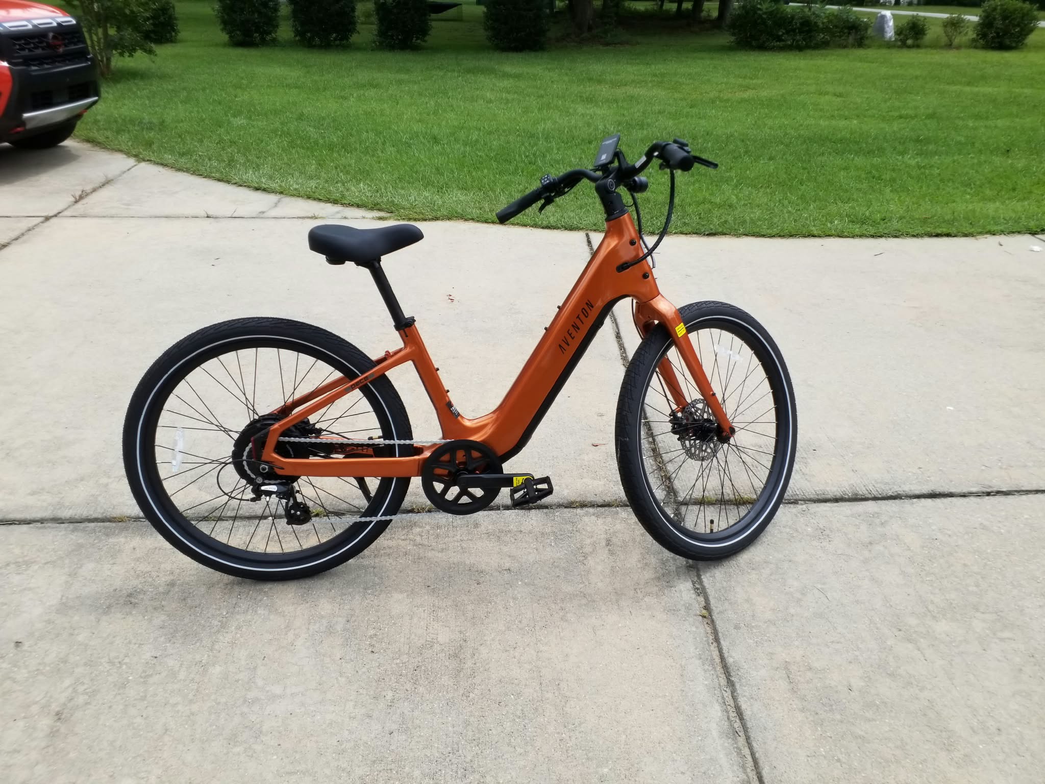 Orange Aventon step-through e-bike
